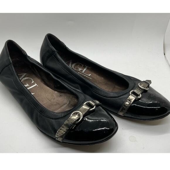 AGL Black Leather Flats with Sliver Buckle Trim Size 39 1/2 - Picture 3 of 6